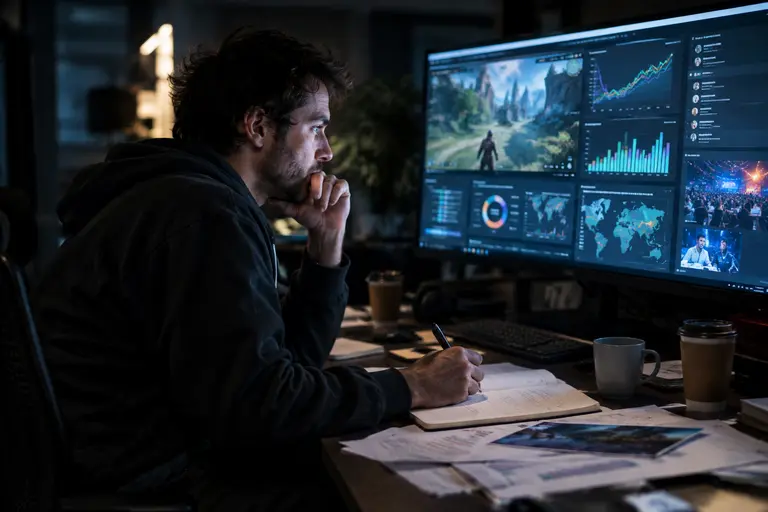 Gaming desk with charts beside a cosmetic reward menu on a monitor