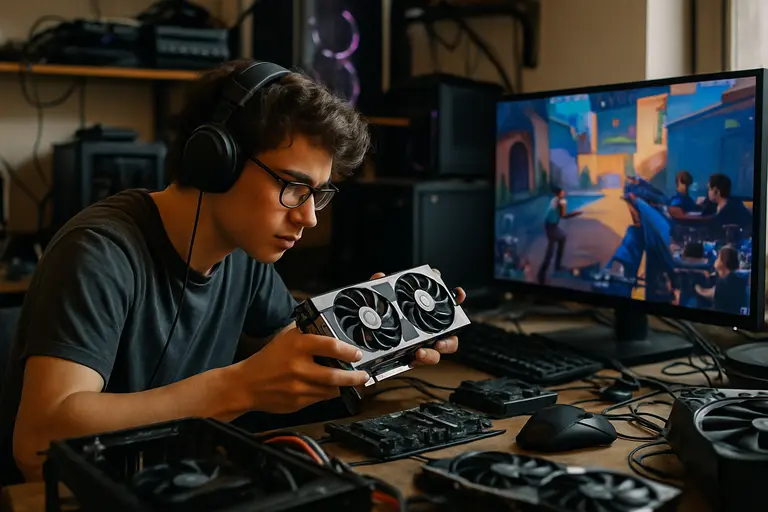 Gaming hardware on a desk beside a price list and calendar