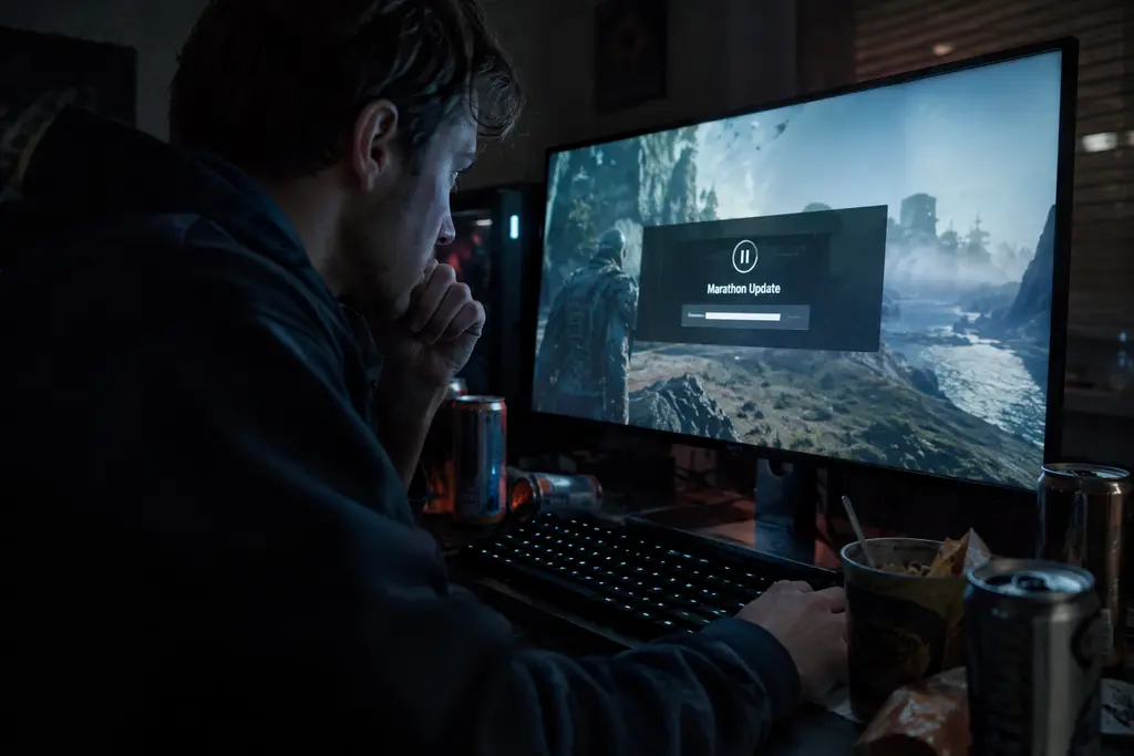Marathon Update Delay shown through a player reviewing a dim sci-fi mission screen