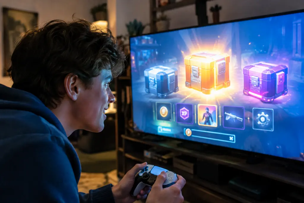 PEGI loot boxes age rating notice shown beside a gaming controller on a desk